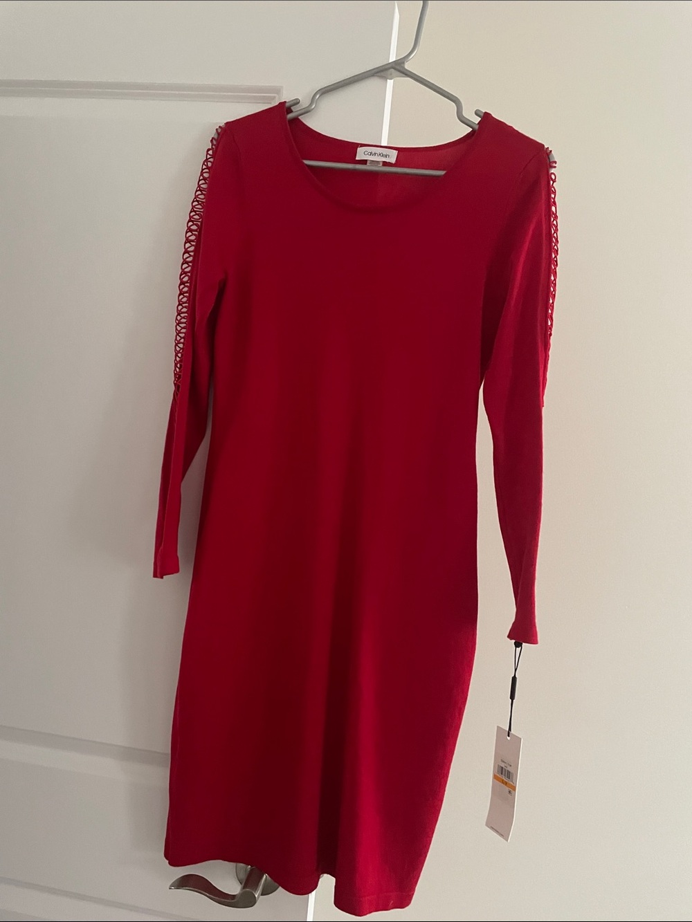 Calvin Klein Red Long-Sleeve Knit Dress with Lattice Sleeve Accents